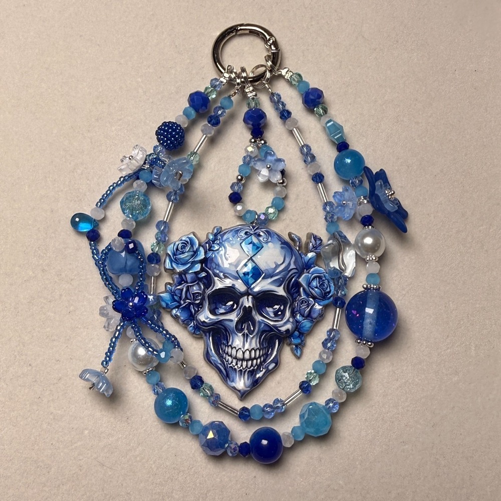 Gothic Skull Blue Beaded Phone Wristlet Keychain Crystal Phone Strap Handmade Ba